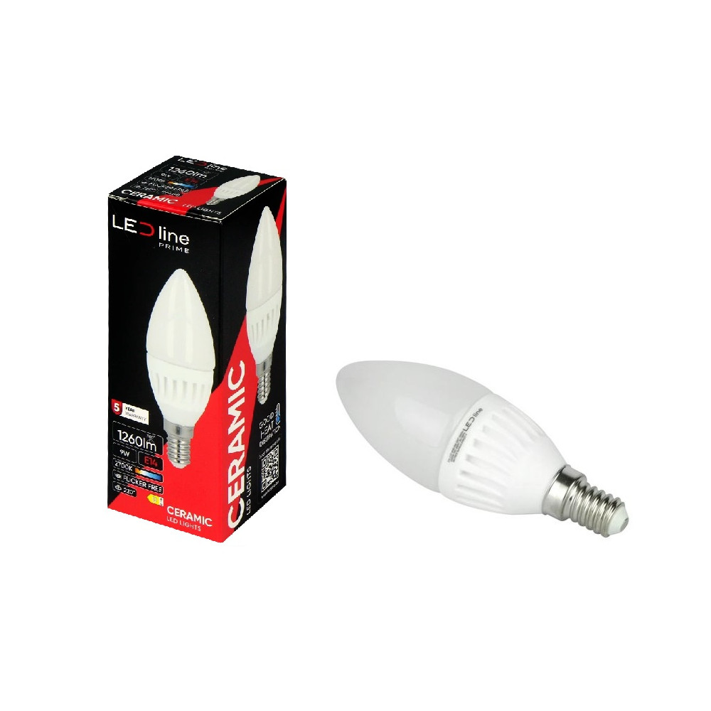Lemputė LED E14 230V 9W 1260lm žvakės formos, šiltai balta 2700K, keramikinė