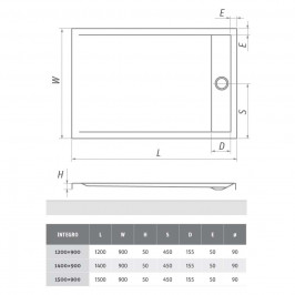 Akrilinis dušo padėklas INTEGRO 1200x900 mm su integruojamu sif. ir nerūd. pl. uždengimu baltas