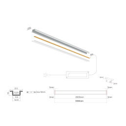 LED profilio komplektas, 3m, įleidžiamas, juodas, su baltu dangteliu ir aklėmis