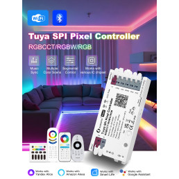 Skaitmeninių LED juostų valdiklis, 5-24Vdc, 15A, 1000pix, Wi-Fi + RF, TUYA / Smart Life