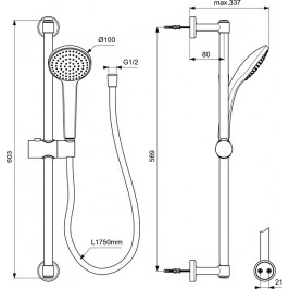 Ideal Standard Idealrain Soft rankinis dušas 100 mm (8 l/min) su reguliuojamu 600 mm stovu 1750 mm žarna