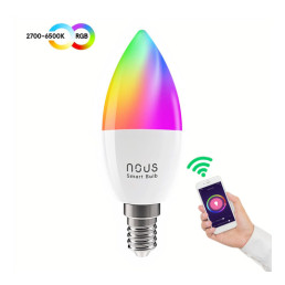 Lemputė LED E14, 230V, 4,5W, 380lm, 2700K - 6500K, RGB, išmanioji Wi-Fi, valdoma programėle, TUYA / Smart Life, P4, NOUS