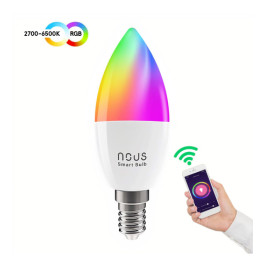 Lemputė LED E14, 230V, 4,5W, 380lm, 2700K - 6500K, RGB, išmanioji Wi-Fi, valdoma programėle, TUYA / Smart Life, P4, NOUS