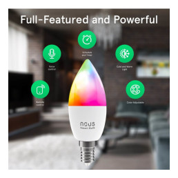 Lemputė LED E14, 230V, 4,5W, 380lm, 2700K - 6500K, RGB, išmanioji Wi-Fi, valdoma programėle, TUYA / Smart Life, P4, NOUS