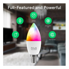 Lemputė LED E14, 230V, 4,5W, 380lm, 2700K - 6500K, RGB, išmanioji Wi-Fi, valdoma programėle, TUYA / Smart Life, P4, NOUS