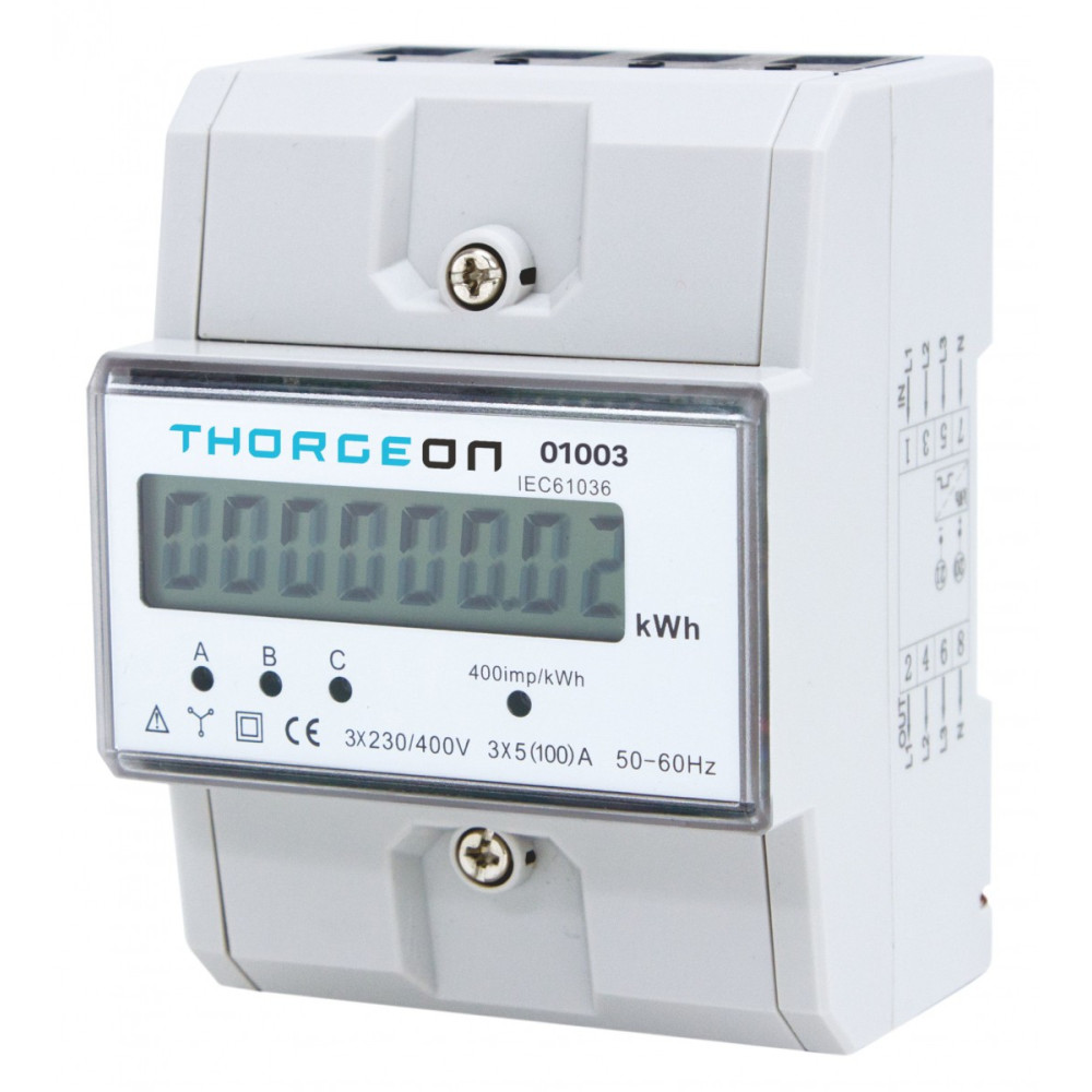 Elektros energijos matuoklis, 3 fazių, DIN, 100A, THORGEON
