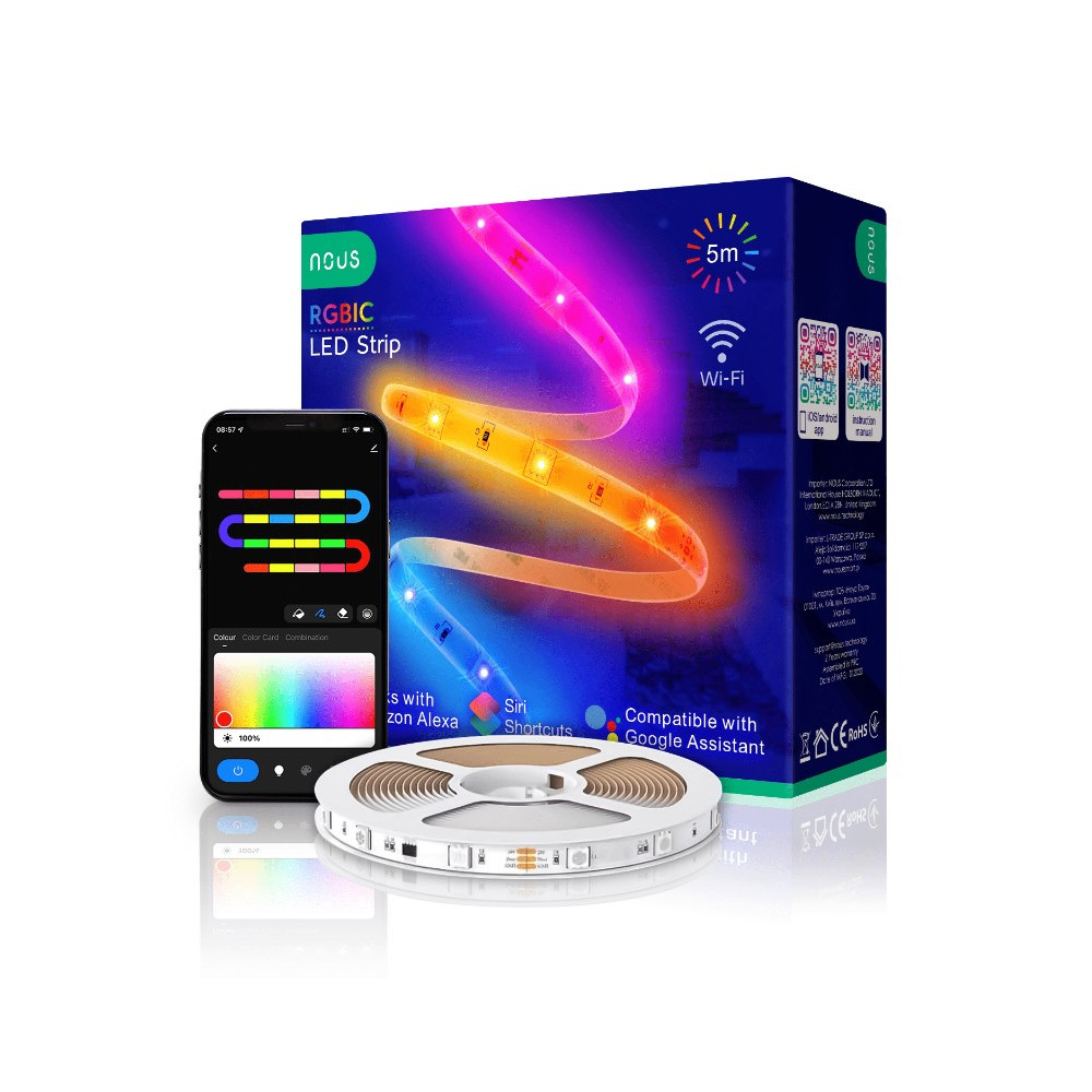 Skaitmeninės LED juostos komplektas su Wi-Fi valdikliu ir maitinimo šaltiniu, RGB IC, 5m, 24W, TUYA / Smart Life, NOUS