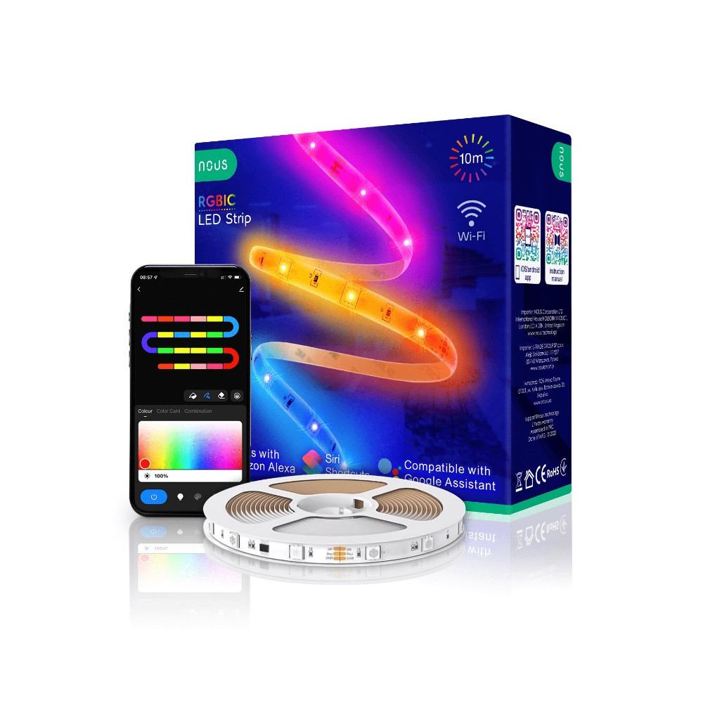 Skaitmeninės LED juostos komplektas su Wi-Fi valdikliu ir maitinimo šaltiniu, RGB IC, 10m, 36W, TUYA / Smart Life, NOUS