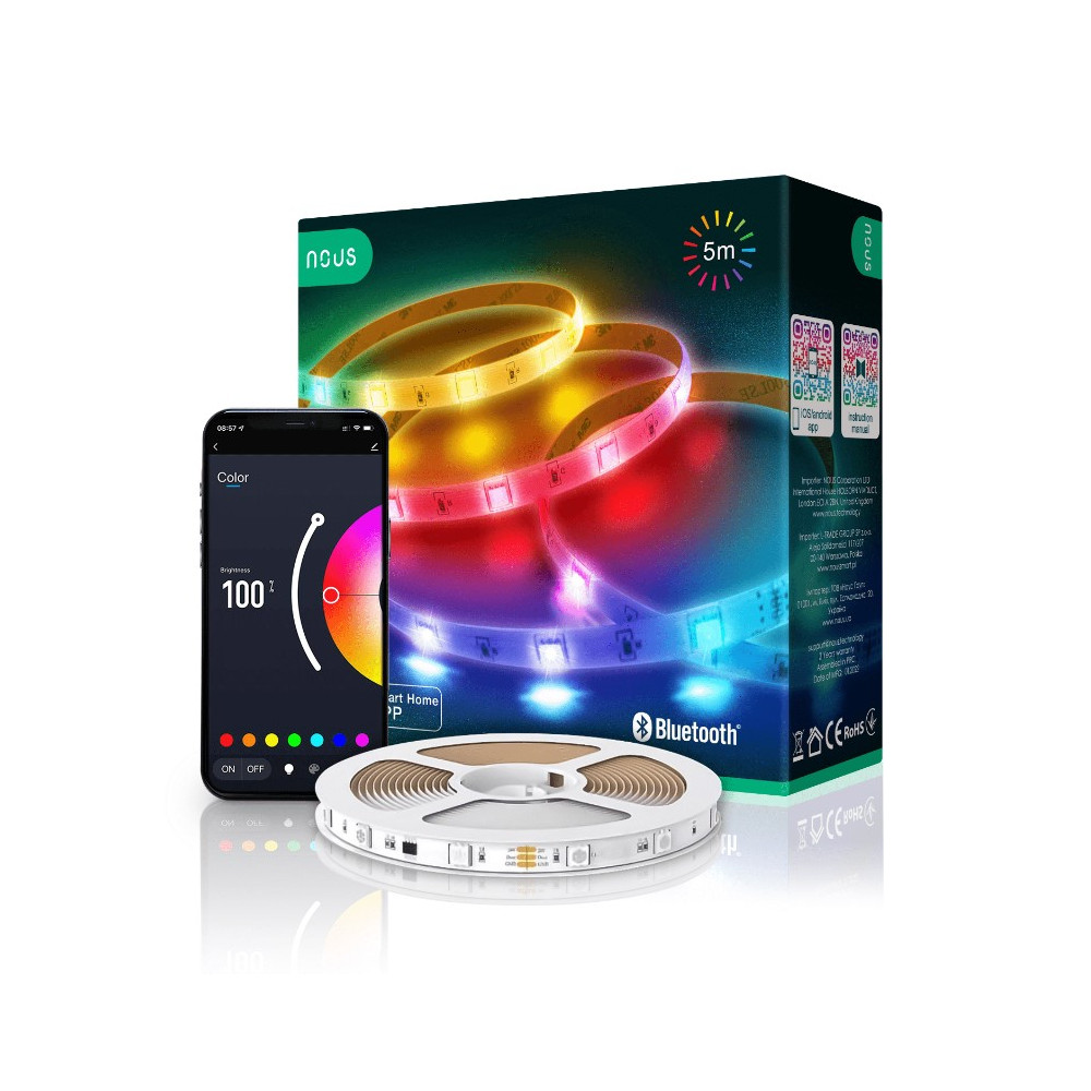 LED juostos komplektas su Bluetooth valdikliu ir maitinimo šaltiniu, RGB, 5m, 24W, TUYA / Smart Life, NOUS