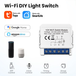 Išmanusis Wi-Fi jungiklis 1 kanalo, veikia su įprastu jungikliu, 230V 3A, TUYA / Smart Life