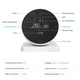 Išmanus, nešiojamas termostatas šildymo katilui arba termo pavaroms, Wi-Fi TUYA + RF