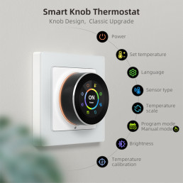 Išmanus, sieninis termostatas grindų termo pavaroms su ratuku, Wi-Fi, TUYA