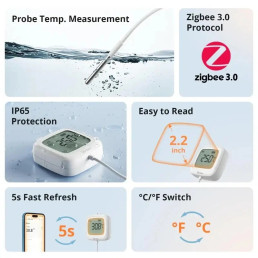 Išmanus temperatūros jutiklis su išoriniu zondu, ZigBee 3.0 IP65 CR2477