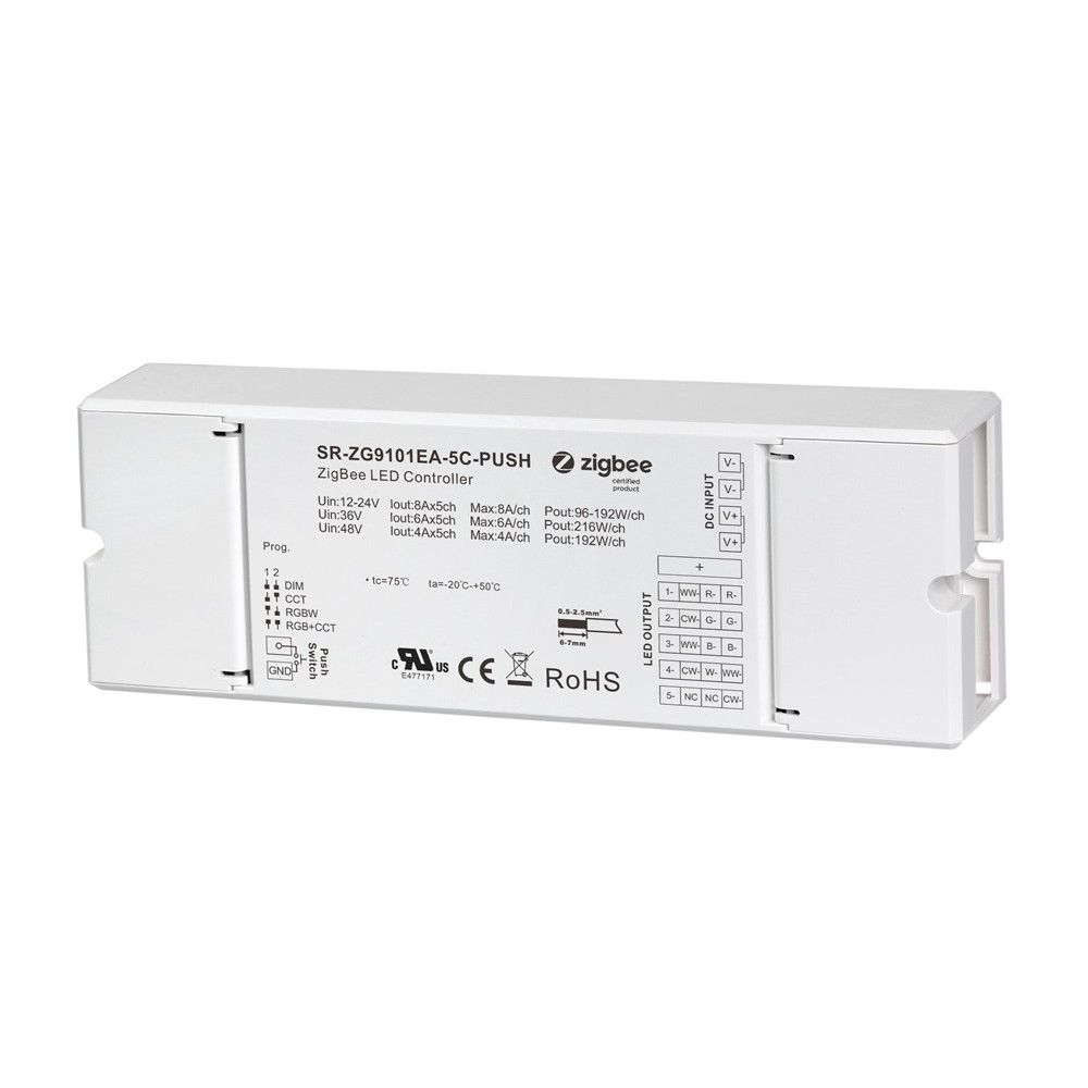 LED valdiklis 12-48V DIM / RGBW / CCT / RGB + CCT, PUSH-DIM, ZigBee, 5x8A, Sunricher