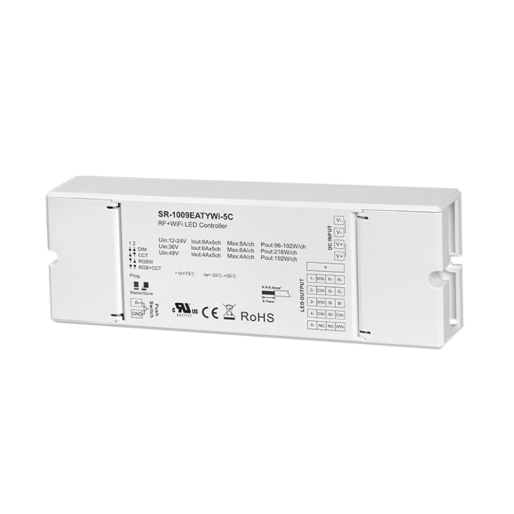 LED valdiklis RGB + CCT + DIM, 5 x 8A, RF + TUYA, PUSH-DIM 12-48Vdc
