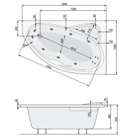 Akrilinė asimetrinė vonia EUROPA 165x105cm su rėmumasažo sistema SILVER 2 NAVI dešininėbalta