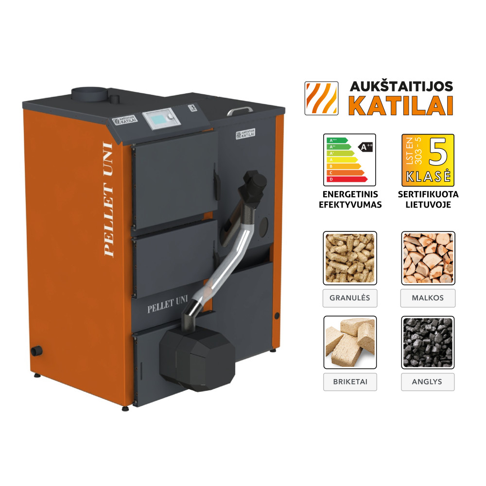 Granulinis katilas PELLET UNI 12 su rotac. 16 kW degikliu, sraigtu, 230 l met. bunkeriu
