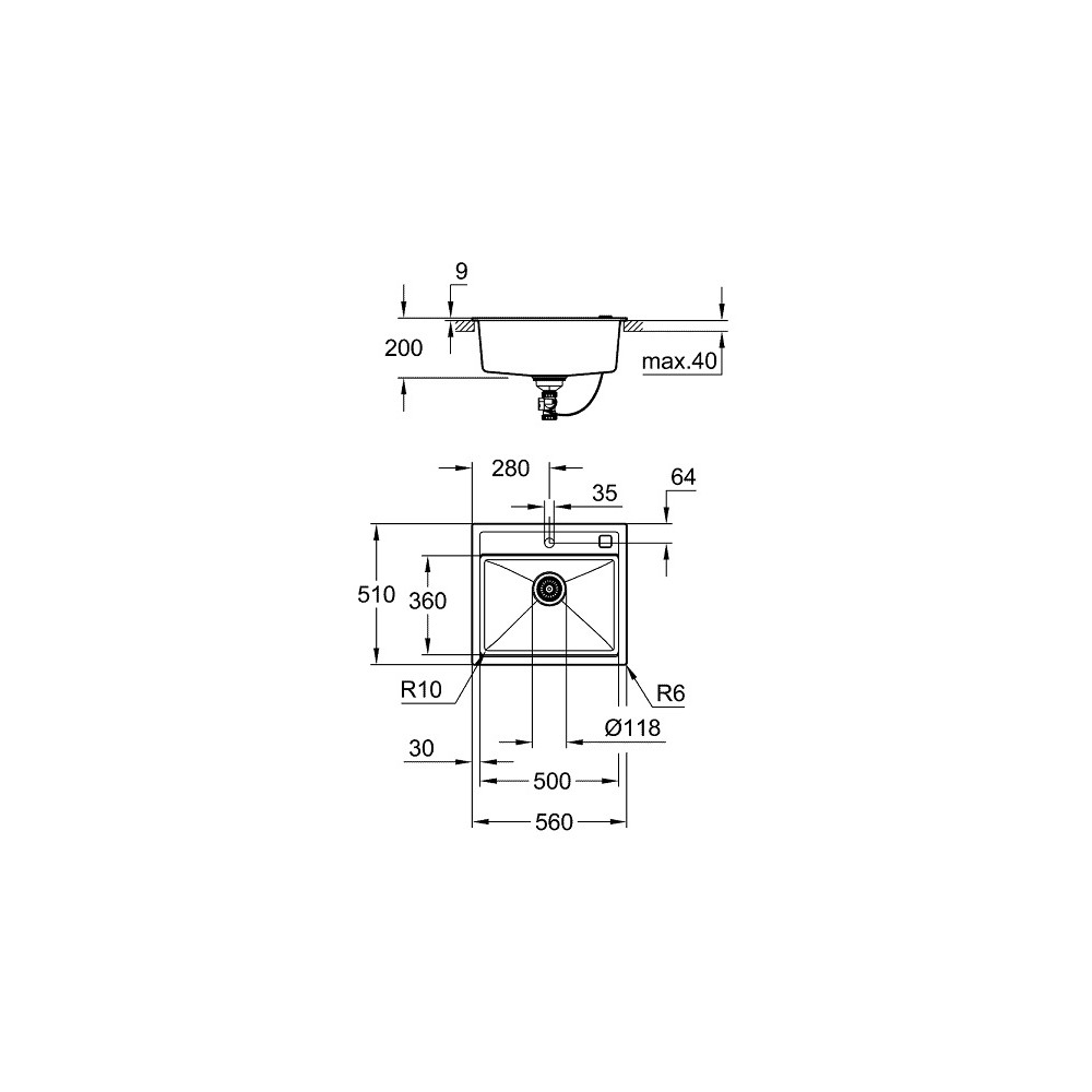 Grohe akmens masės plautuvė K700, 560x510 mm, granito juoda spalva