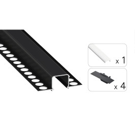 LED profilio komplektas MOSSO priglaistomas siauras, juodas, anoduotas, baltas dangtelis 3 m