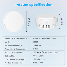 Išmanusis ZigBee bevielis patalpos dūmų jutiklis su sirena 85dB, 1x CR123A 3V, TUYA / Smart Life