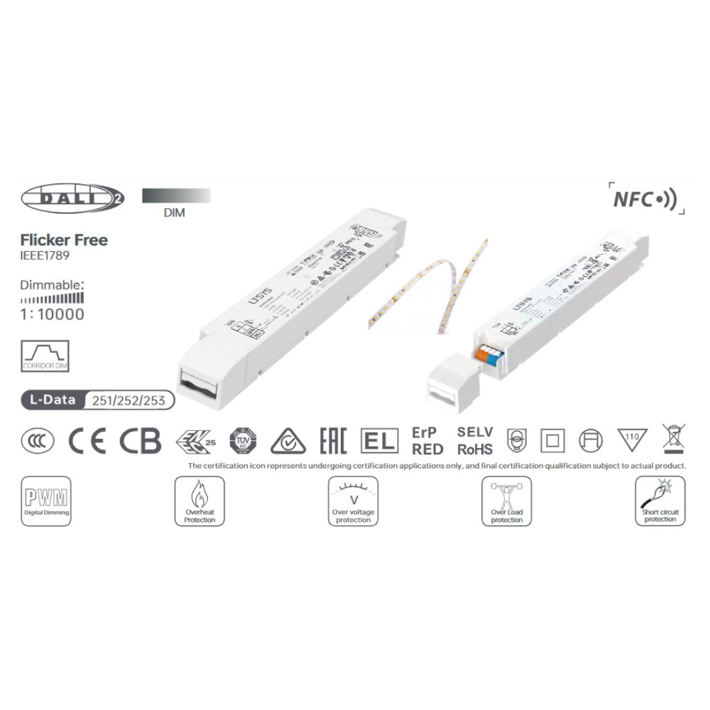 Impulsinis LED maitinimo šaltinis 24Vdc, 4.17A, 100W, DALI2,DT-6, NFC, PUSH DIM,PWM tipo išėjimas