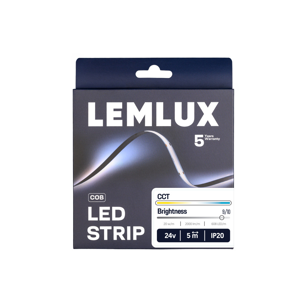 LED juosta, 5m ritė, 24Vdc, 20W/ m, COB 608LED/ m, 2000lm, CCT 2700K - 6500K, IP20, 180°