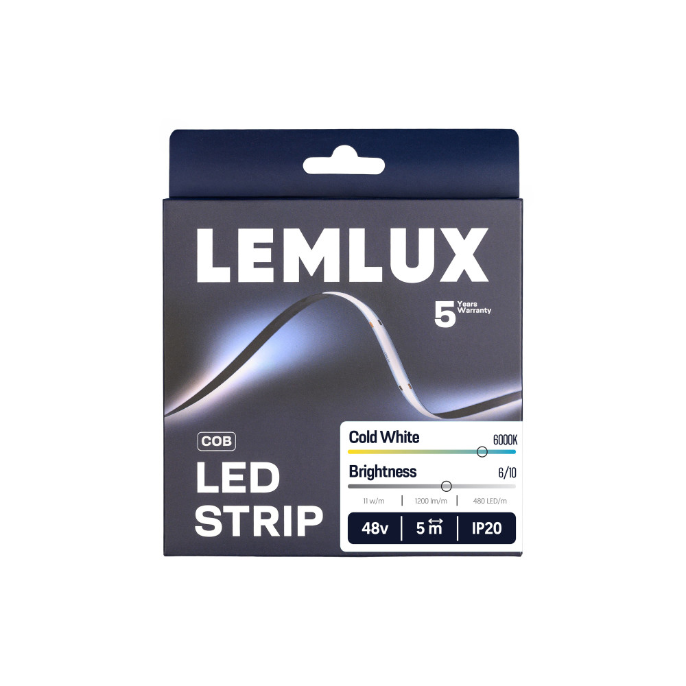 LED juosta, 5m ritė, 48Vdc, 11W/ m, COB 480LED/ m, 1200lm, šaltai balta 6500K, IP20, 180°