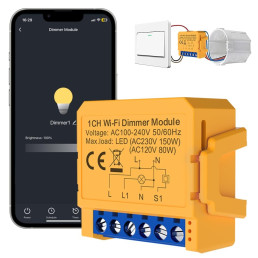 Išmanusis Wi-Fi jungiklis su dimeriu TRIAC, veikia su įprastu jungikliu, 230V 150W, TUYA / Smart Life