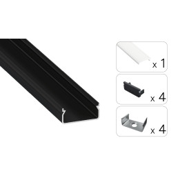 LED profilio komplektas EGEN paviršinis platus, juodas, anoduotas, matinis dangtelis 3 m
