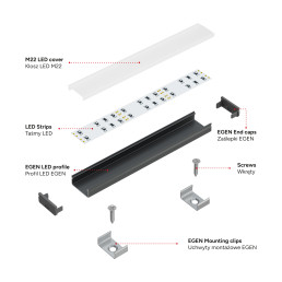LED profilio komplektas EGEN paviršinis platus, juodas, anoduotas, matinis dangtelis 3 m