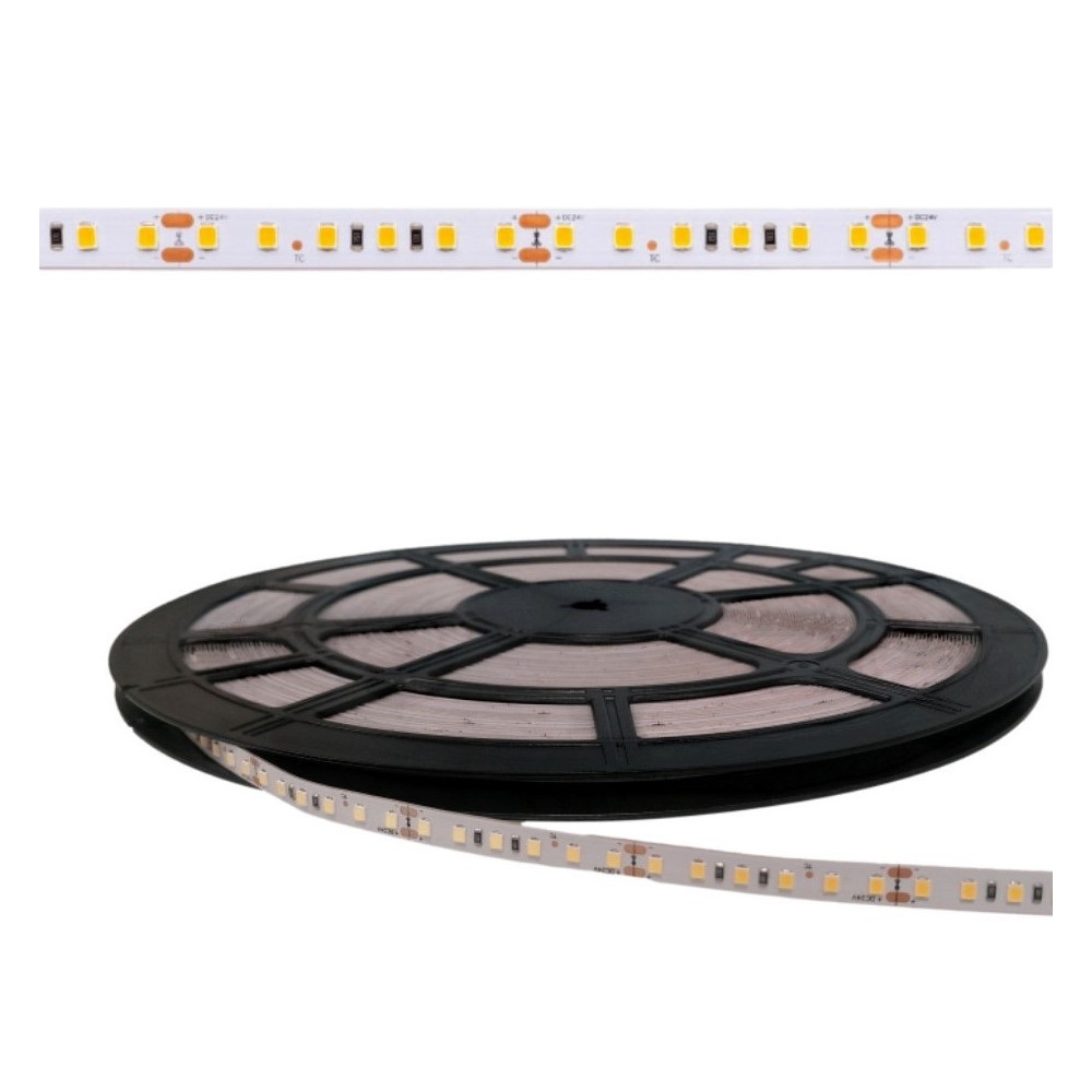 LED juosta, 50m ritė, 24V 9.6W/ m nehermetiška IP20 šiltai balta 3000K 111lm/ W Bridgelux LED