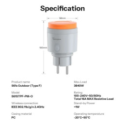 Išmanusis lauko kištukinis lizdas S61s, Wi-Fi, Matter, IP44, 16A, F tipo, S61STPF-PM-O, SONOFF