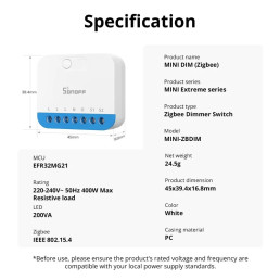 Išmanus sieninis šviesos reguliatorius MINI-ZBDIM, Zigbee, 0-100% ryškumo reguliavimas, su energijos matavimu, SONOFF