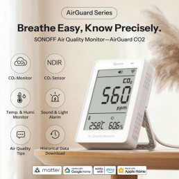 Išmanusis oro kokybės matuoklis AirGuard CO2, Wi-Fi, su LCD ekranu, SAWF-08P, SONOFF