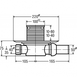 Horizontalus trapas "sausas" DN50 su nerūdijančio plieno grotelėmis 100 x 100 (04 l/s)