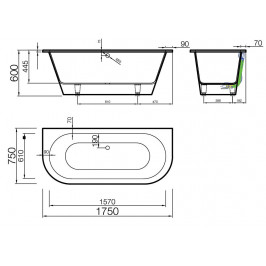 Akmens masės vonia Vispool Evento 2 1750x750 mm su 2 apvalintais kampais balta 100111(2)