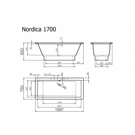 Akmens masės vonia Nordica 1690x750 mm su paslėptomis kojomis balta