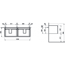 PRO S spintelė 1260x450x390 mm su dviem stalčiais dviem vidiniais stalčiukais praustuvui 8.1396.8 balta blizgi