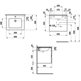 Praustuvos spintelė PRO S 600x500x440 mm su praustuvu ir dviem stalčiais matinė balta